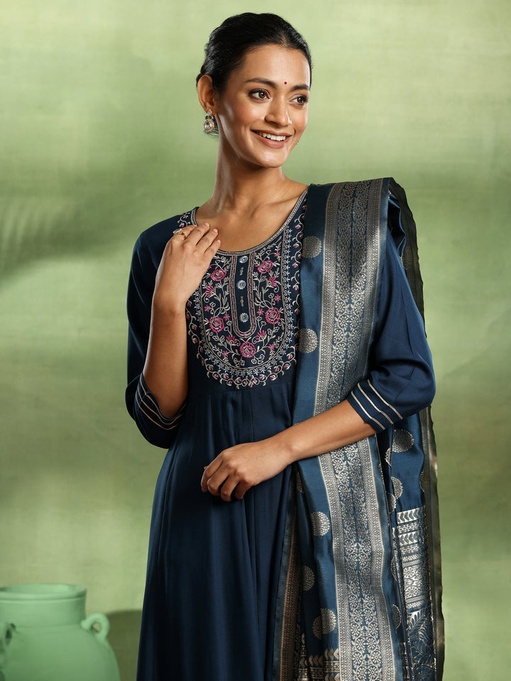 Navy Blue Yoke Design Rayon Anarkali Suit With Dupatta
