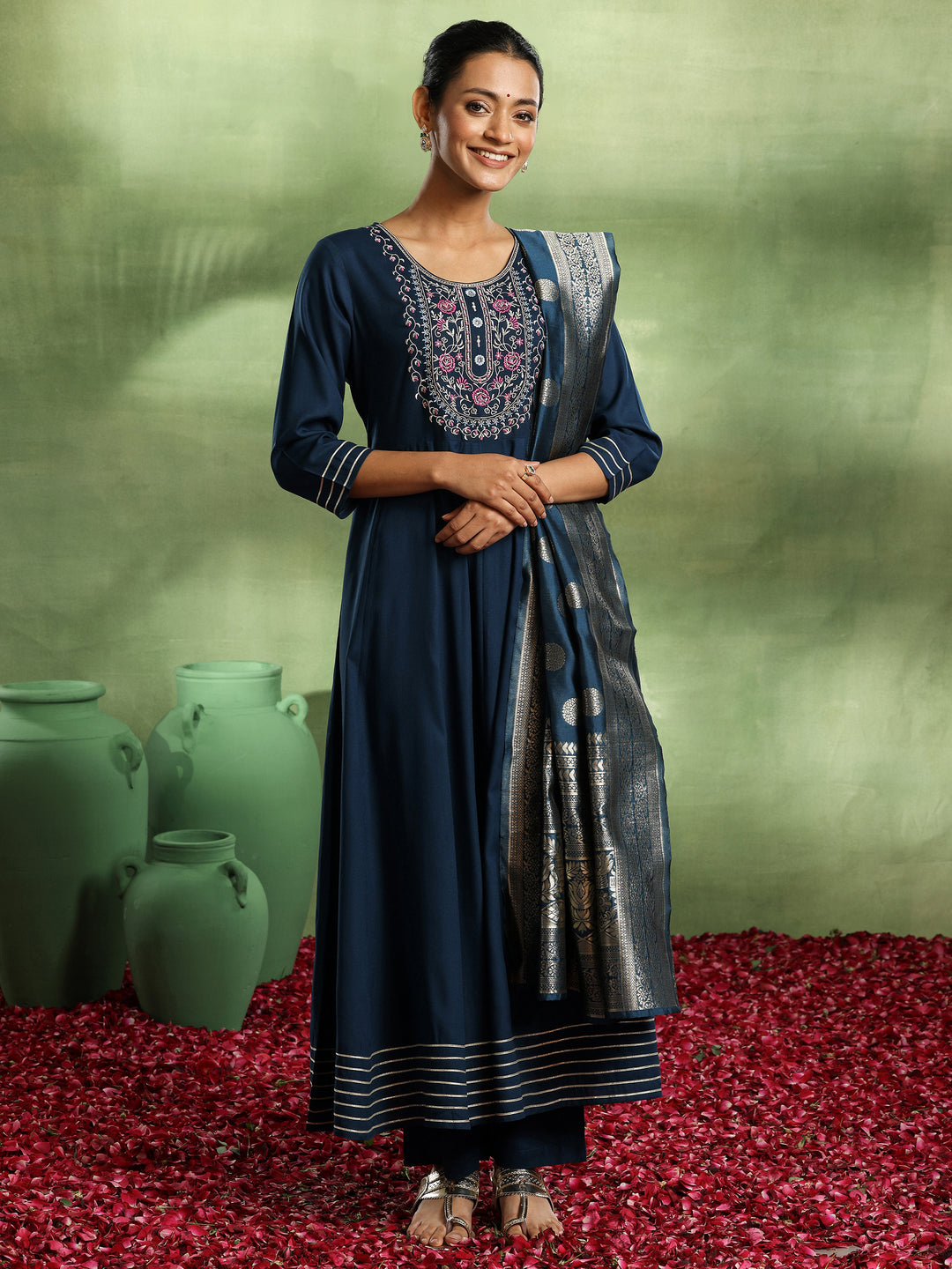 Navy Blue Yoke Design Rayon Anarkali Suit With Dupatta