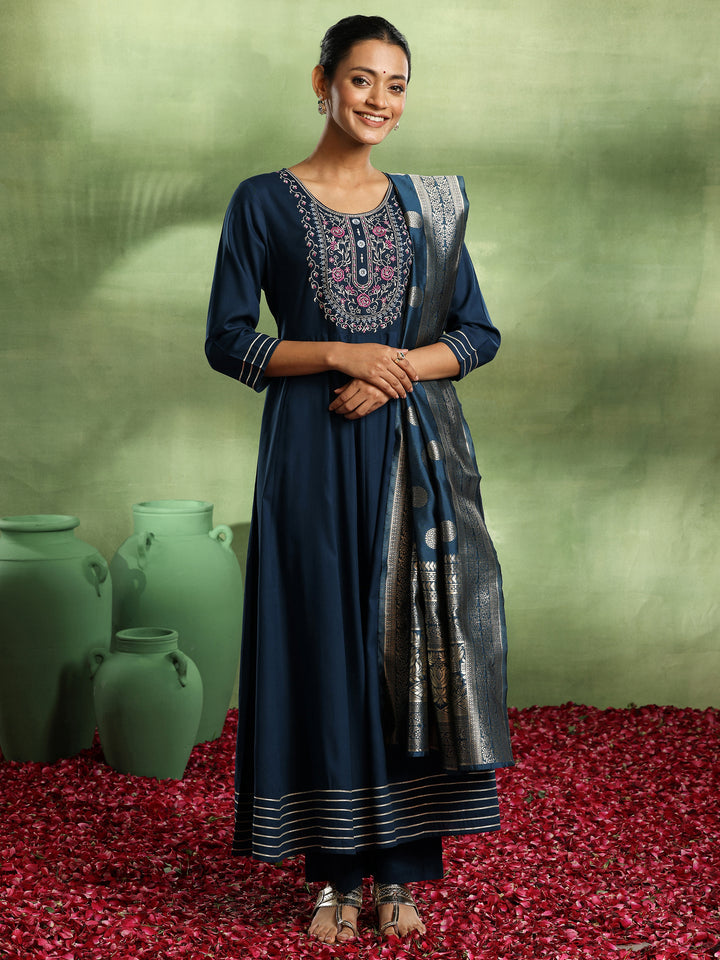 Navy Blue Yoke Design Rayon Anarkali Suit With Dupatta