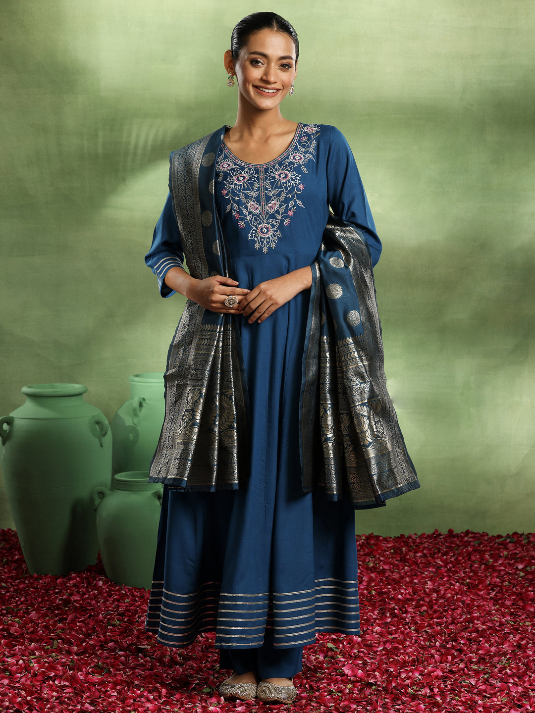 Blue Yoke Design Rayon Anarkali Suit With Dupatta