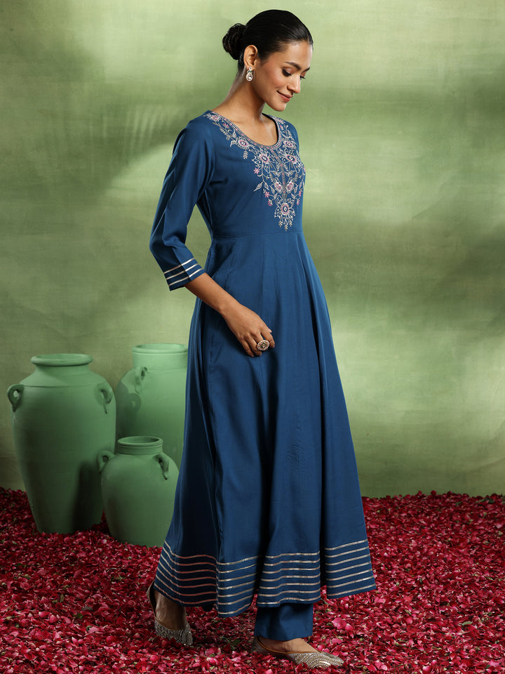 Blue Yoke Design Rayon Anarkali Suit With Dupatta