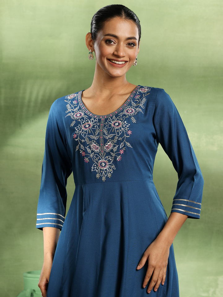 Blue Yoke Design Rayon Anarkali Suit With Dupatta