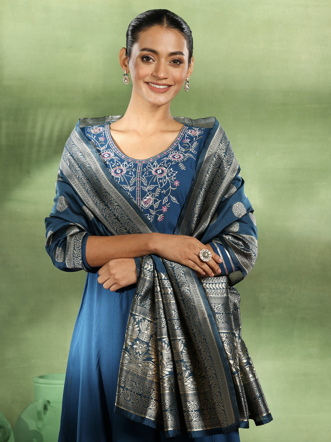 Blue Yoke Design Rayon Anarkali Suit With Dupatta