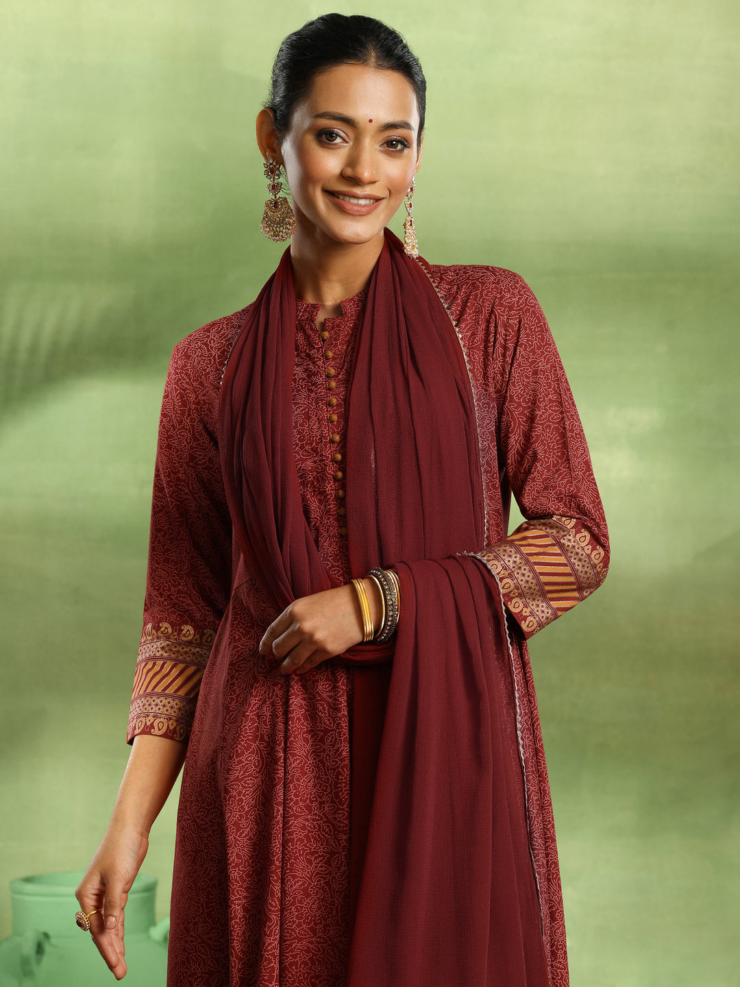 Maroon Printed Rayon Anarkali Suit With Dupatta