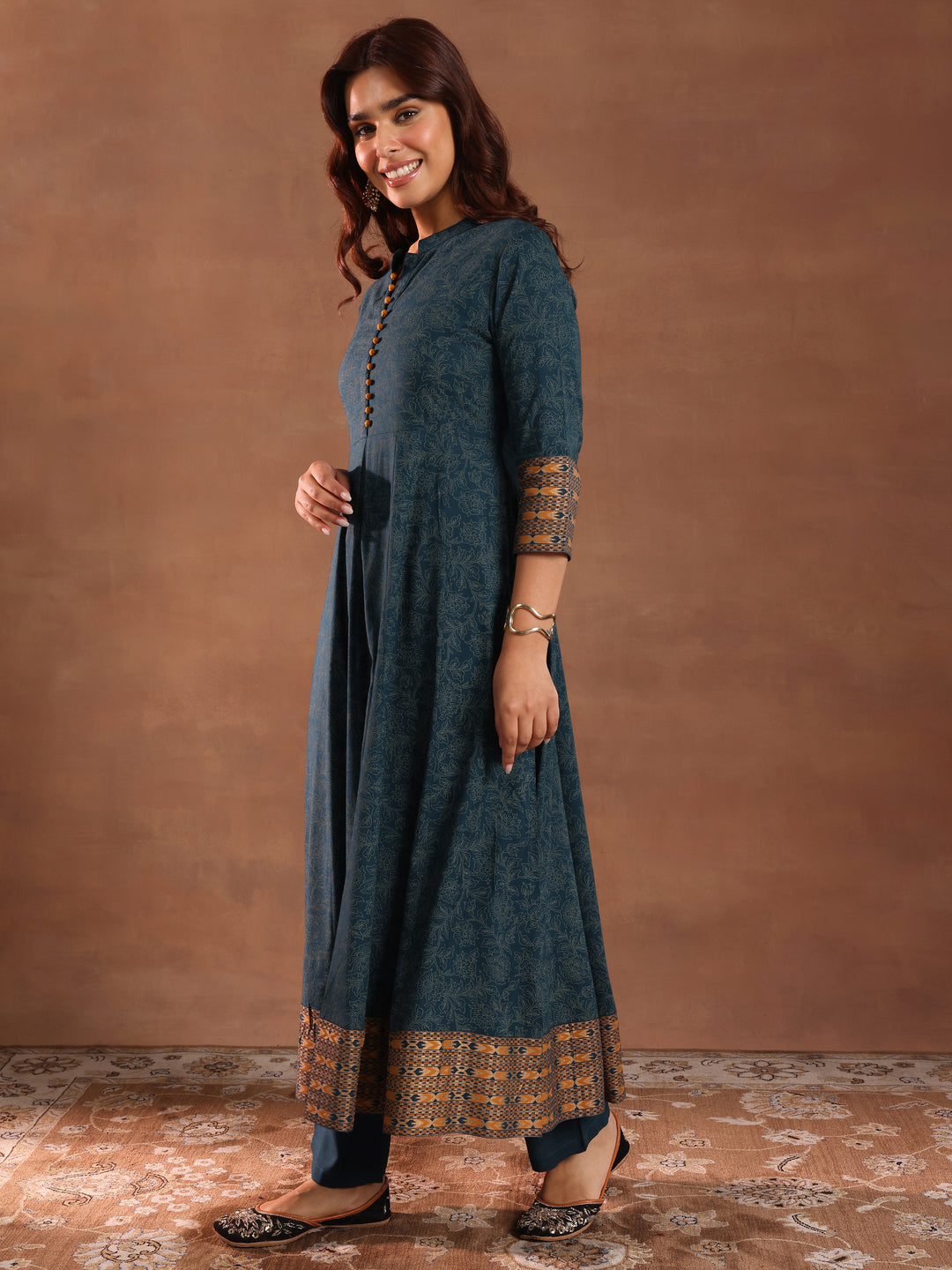 Teal Printed Rayon Anarkali Suit With Dupatta