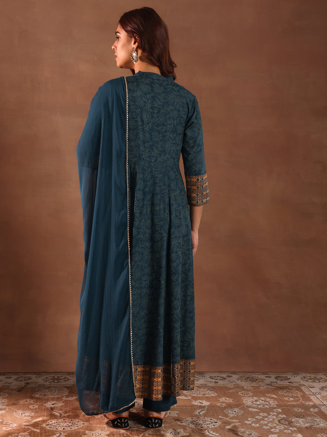 Teal Printed Rayon Anarkali Suit With Dupatta