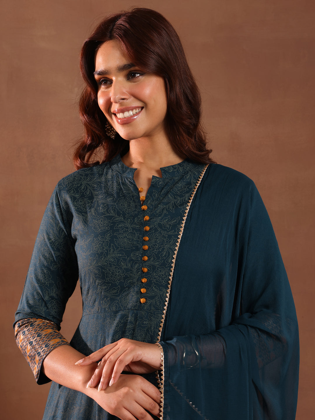 Teal Printed Rayon Anarkali Suit With Dupatta