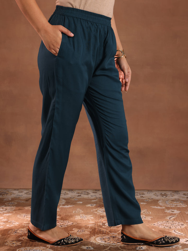 Teal Printed Rayon Anarkali Suit With Dupatta