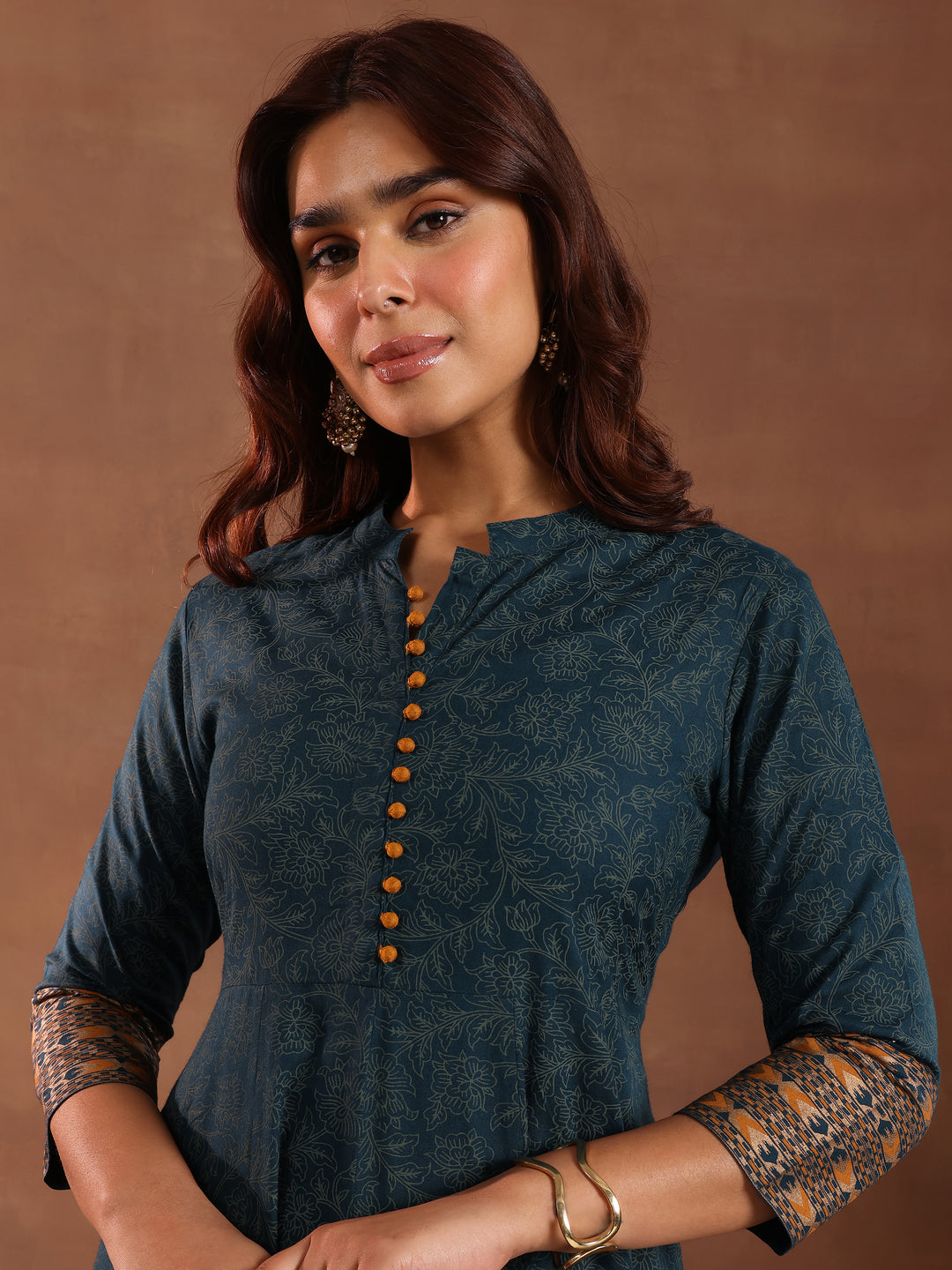 Teal Printed Rayon Anarkali Suit With Dupatta