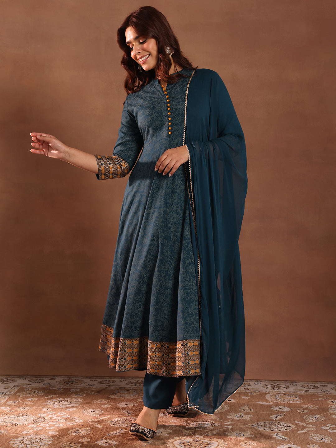 Teal Printed Rayon Anarkali Suit With Dupatta