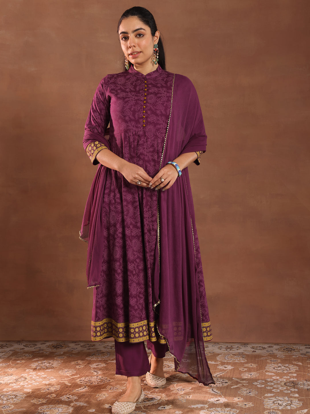 Burgundy Printed Rayon Anarkali Suit With Dupatta