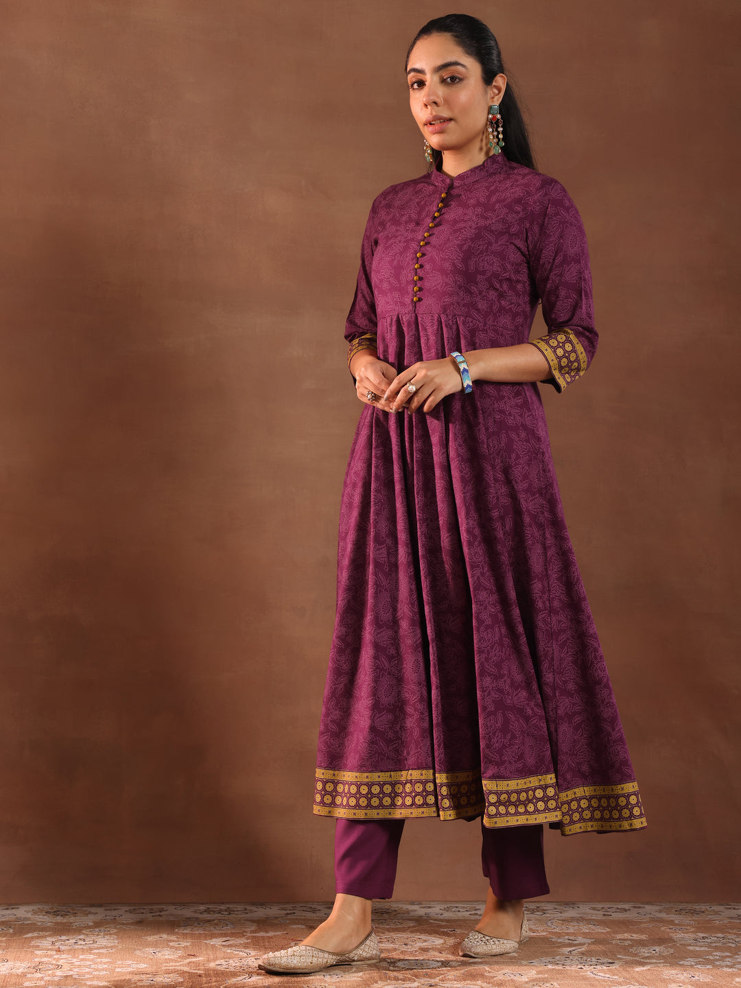 Burgundy Printed Rayon Anarkali Suit With Dupatta