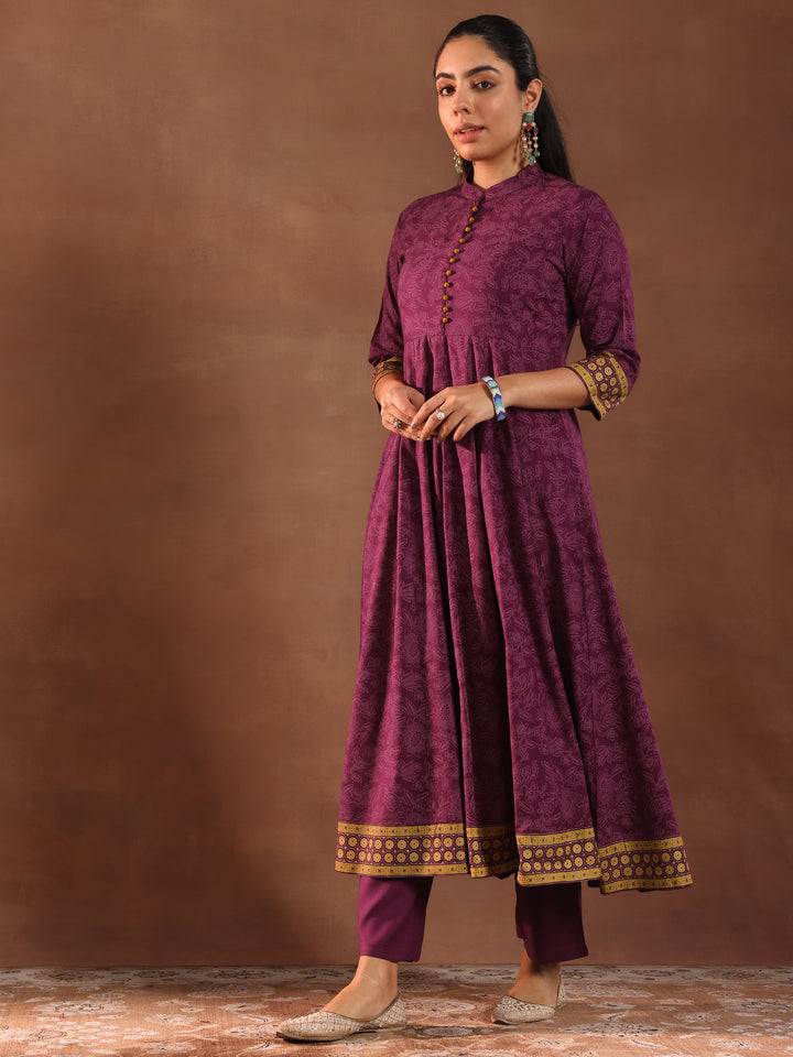 Burgundy Printed Rayon Anarkali Suit With Dupatta
