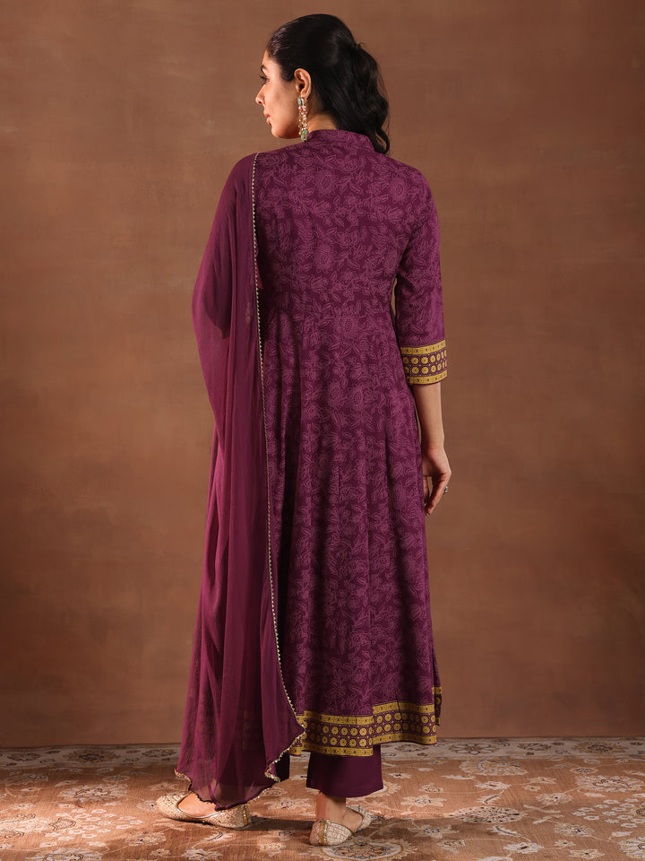 Burgundy Printed Rayon Anarkali Suit With Dupatta