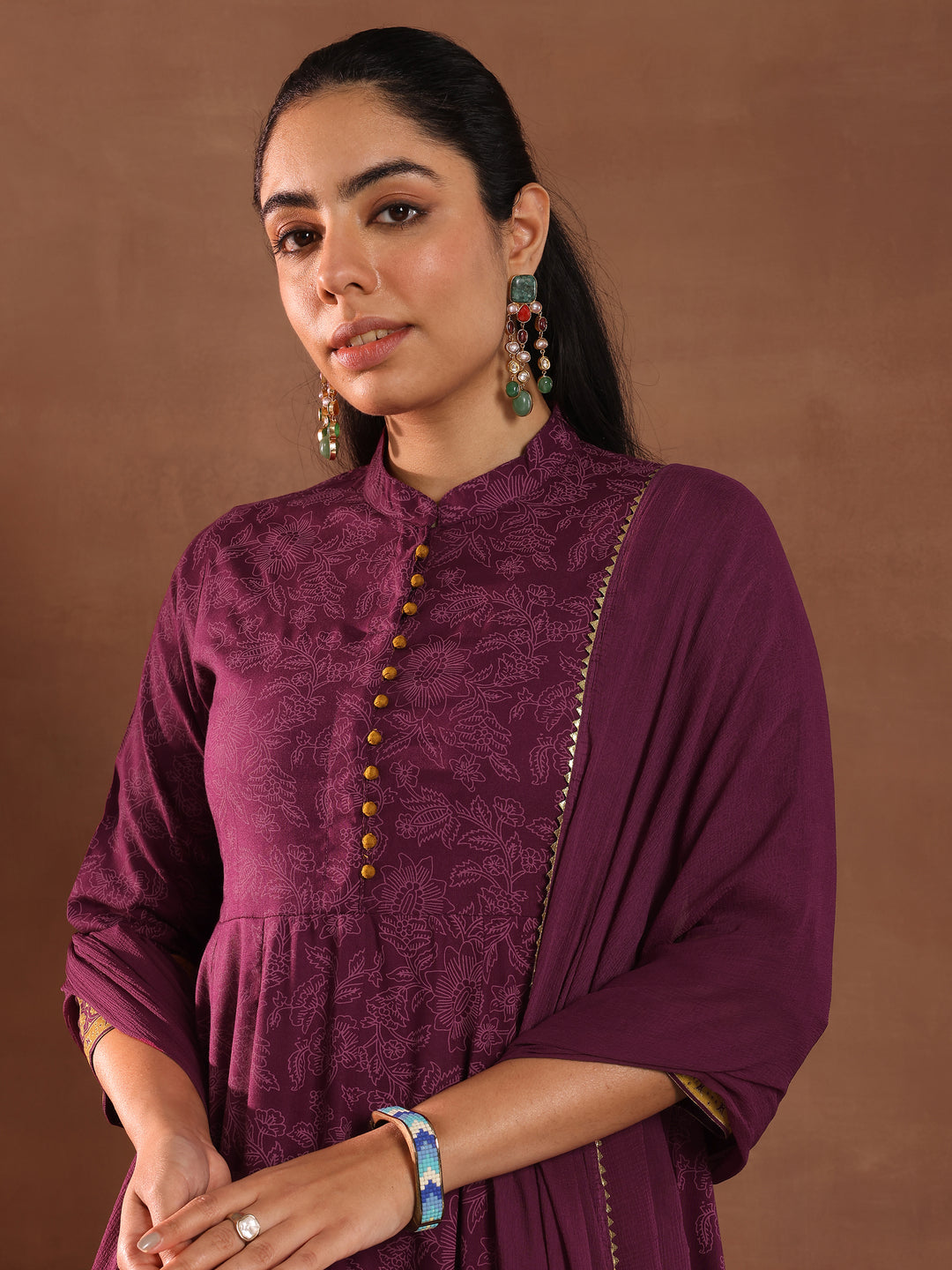 Burgundy Printed Rayon Anarkali Suit With Dupatta