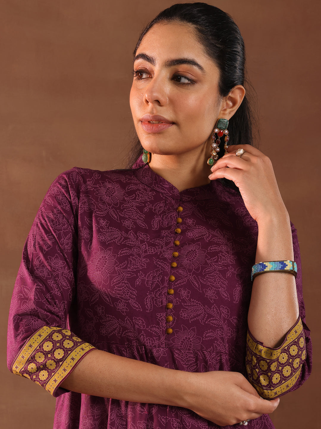 Burgundy Printed Rayon Anarkali Suit With Dupatta