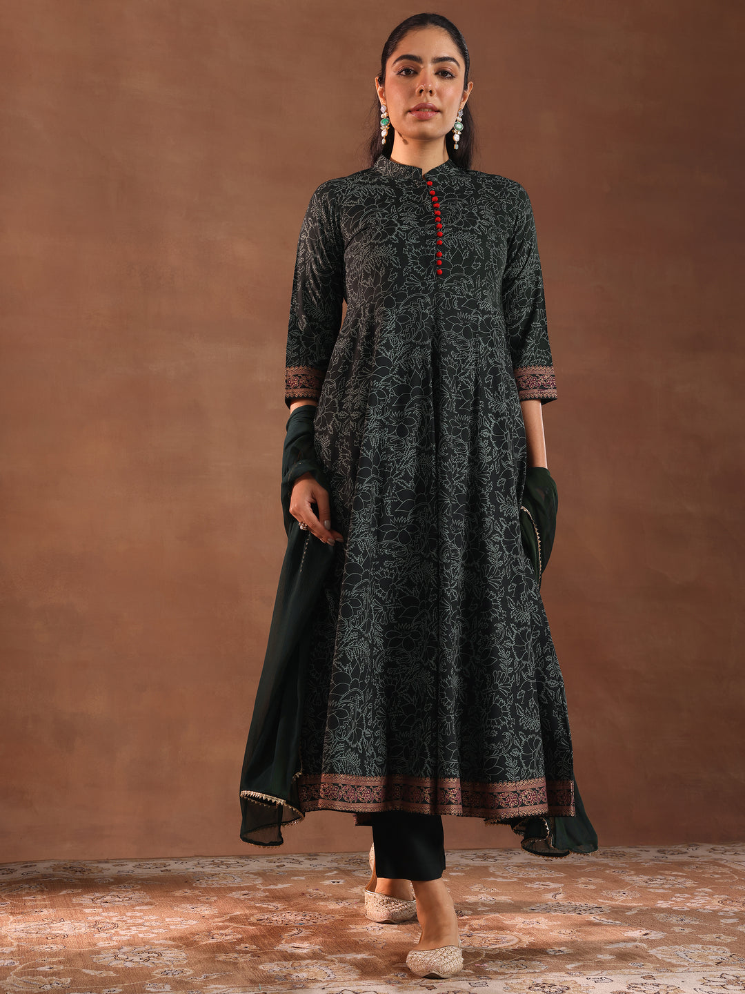 Green Printed Rayon Anarkali Suit With Dupatta
