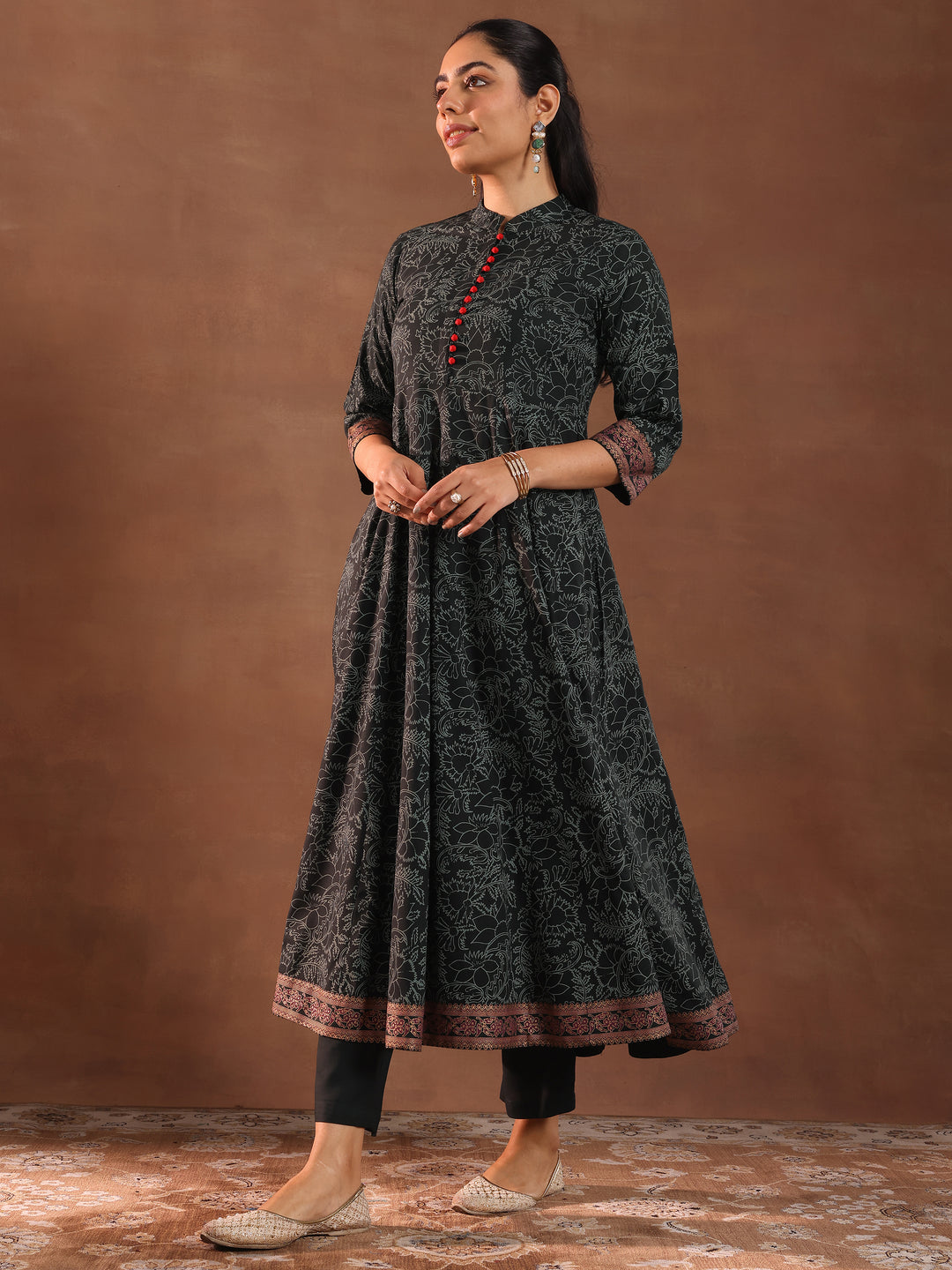 Green Printed Rayon Anarkali Suit With Dupatta