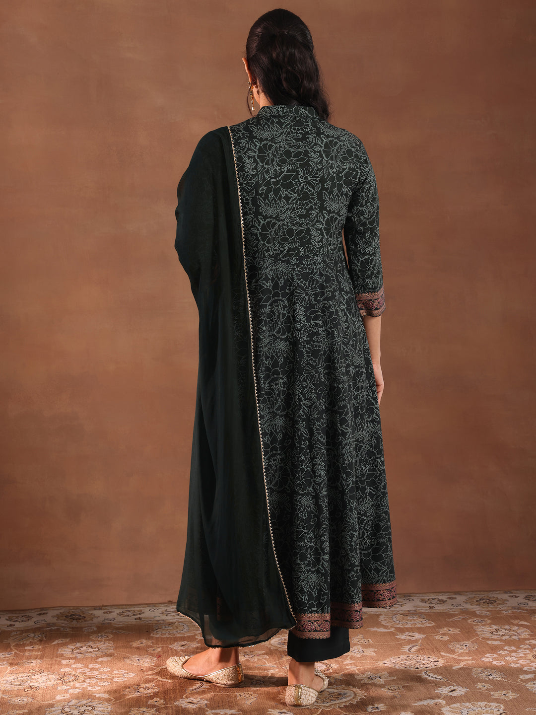 Green Printed Rayon Anarkali Suit With Dupatta