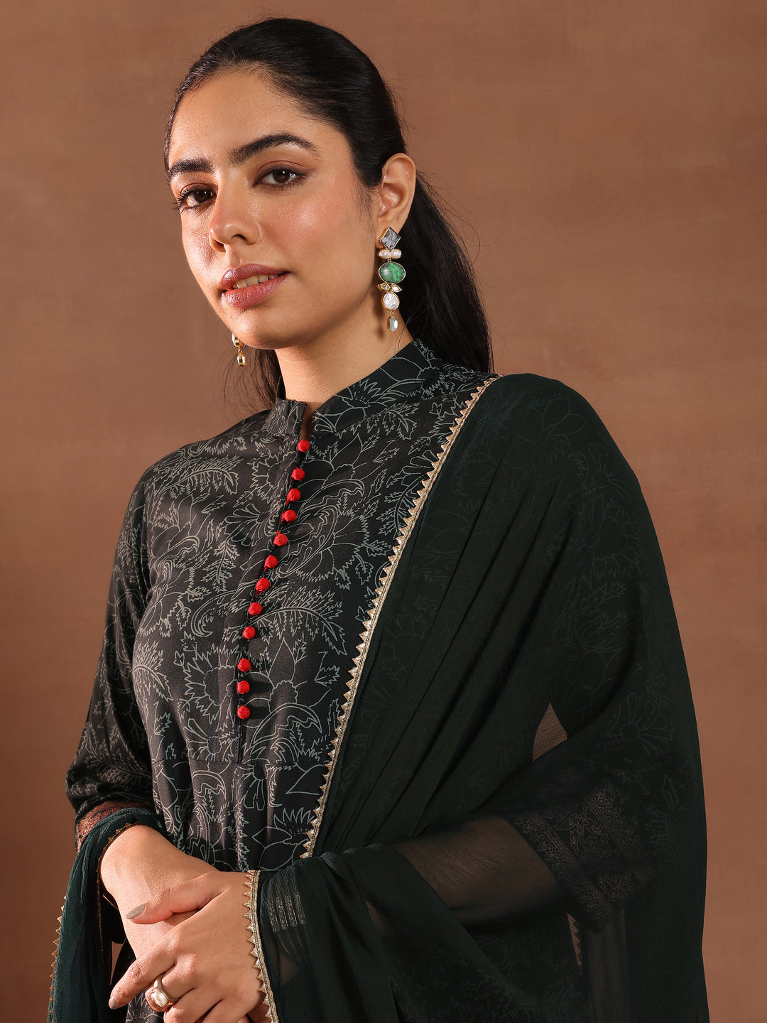 Green Printed Rayon Anarkali Suit With Dupatta