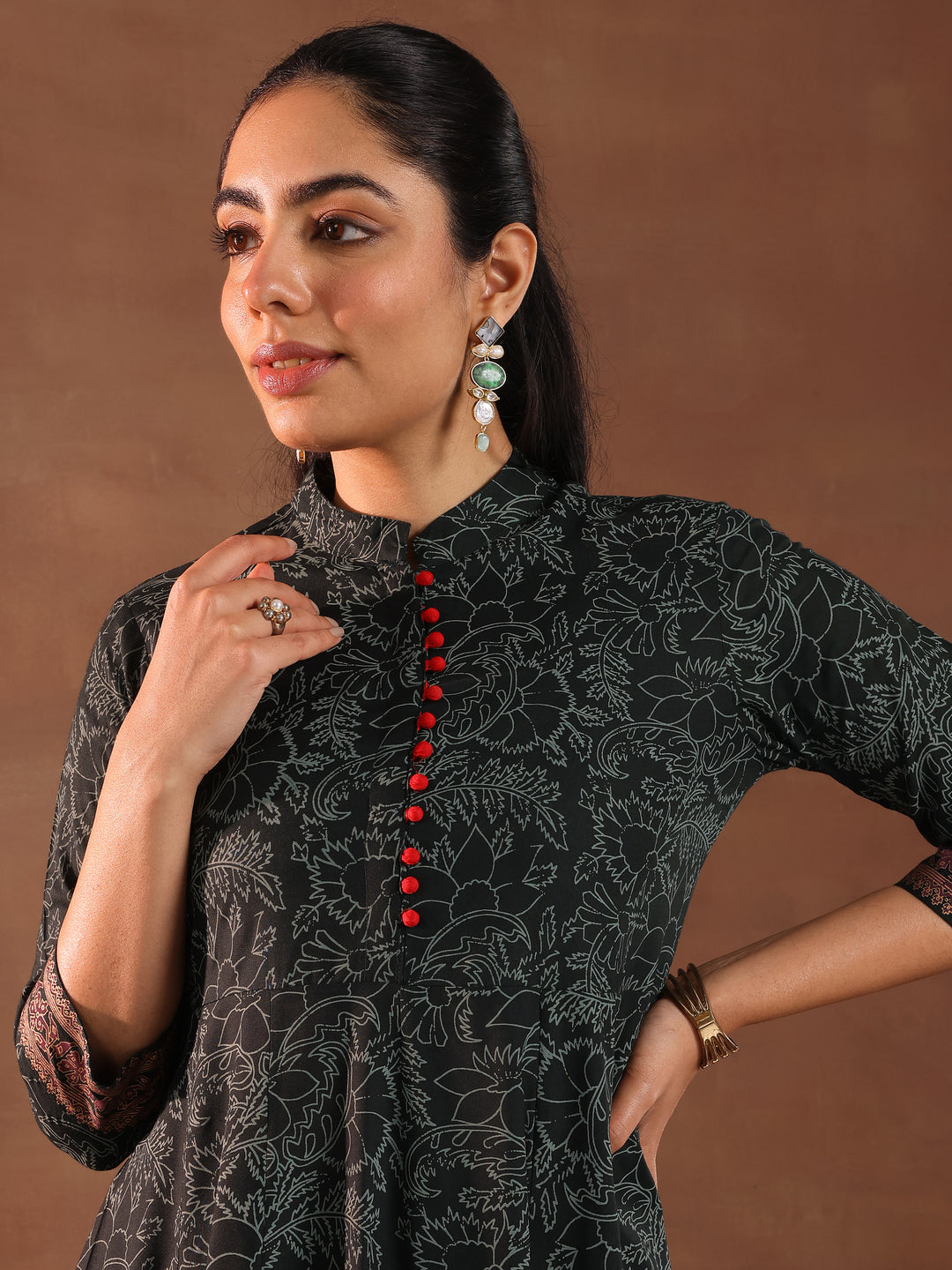 Green Printed Rayon Anarkali Suit With Dupatta