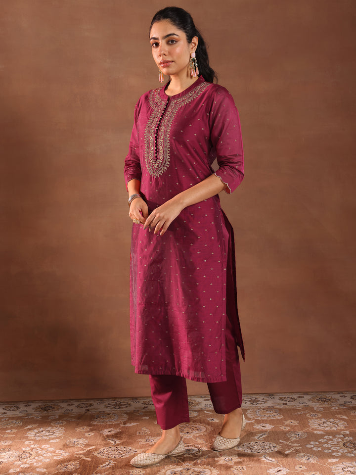 Maroon Woven Design Chanderi Silk Straight Suit With Dupatta