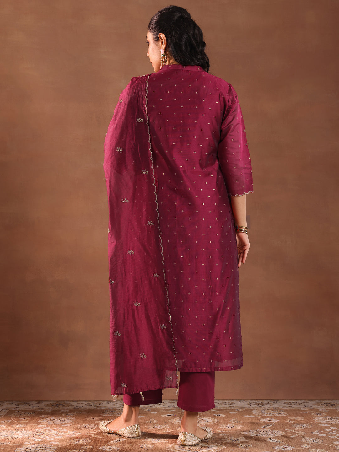 Maroon Woven Design Chanderi Silk Straight Suit With Dupatta
