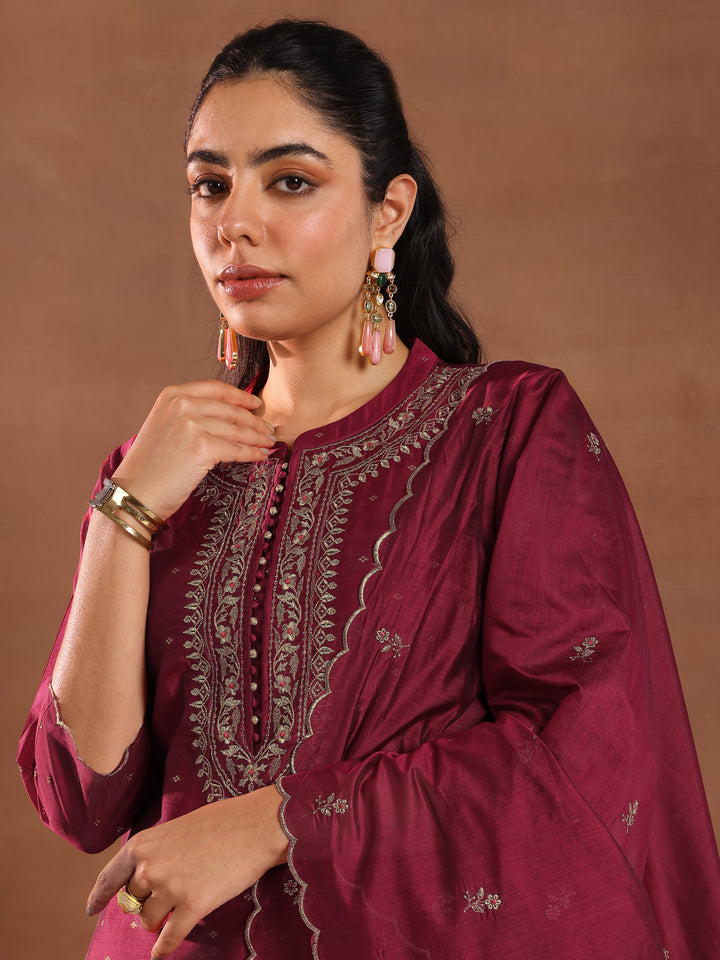 Maroon Woven Design Chanderi Silk Straight Suit With Dupatta