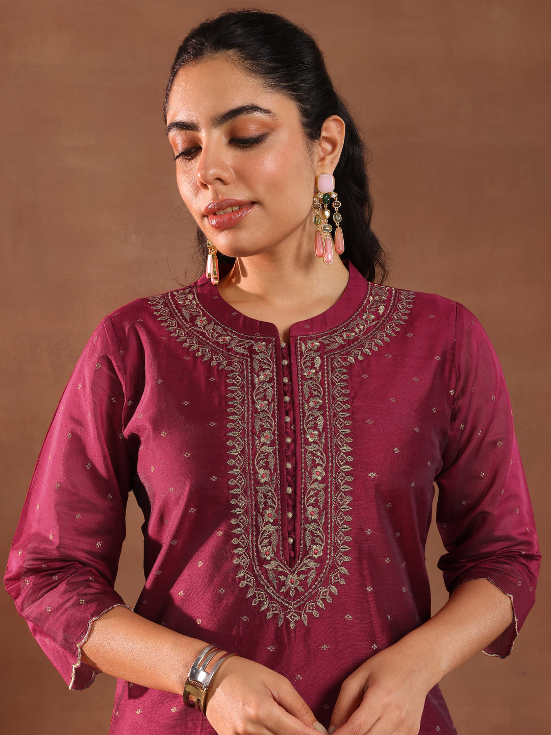 Maroon Woven Design Chanderi Silk Straight Suit With Dupatta