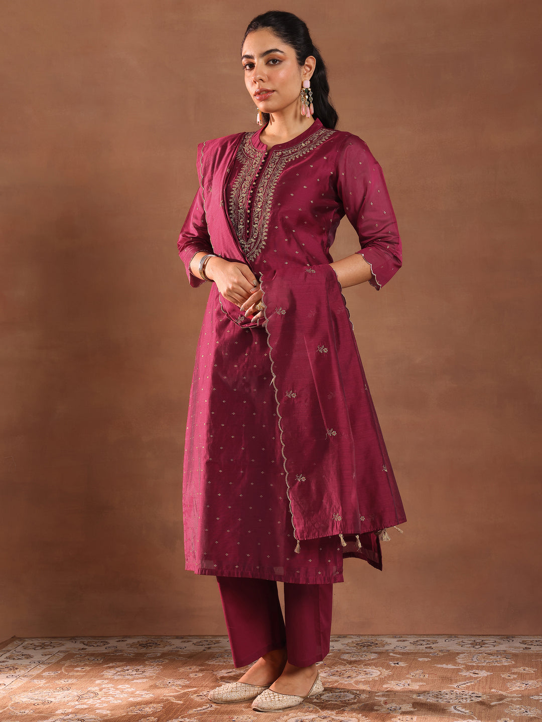 Maroon Woven Design Chanderi Silk Straight Suit With Dupatta