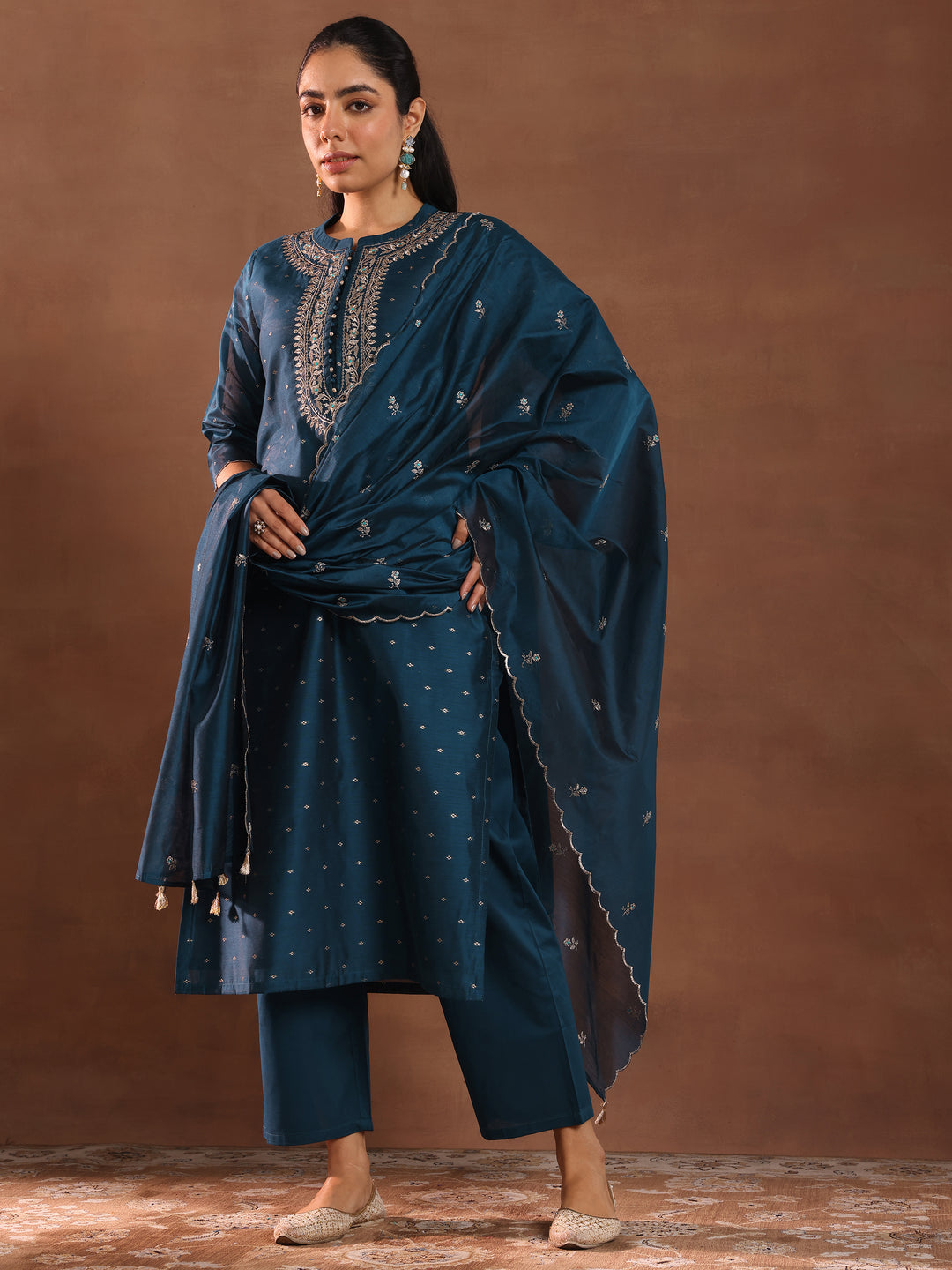 Navy Blue Woven Design Chanderi Silk Straight Suit With Dupatta