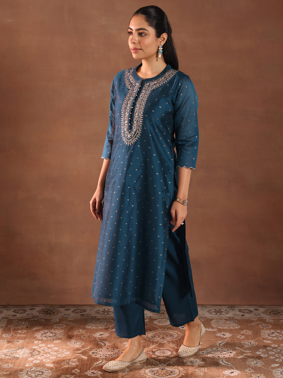 Navy Blue Woven Design Chanderi Silk Straight Suit With Dupatta