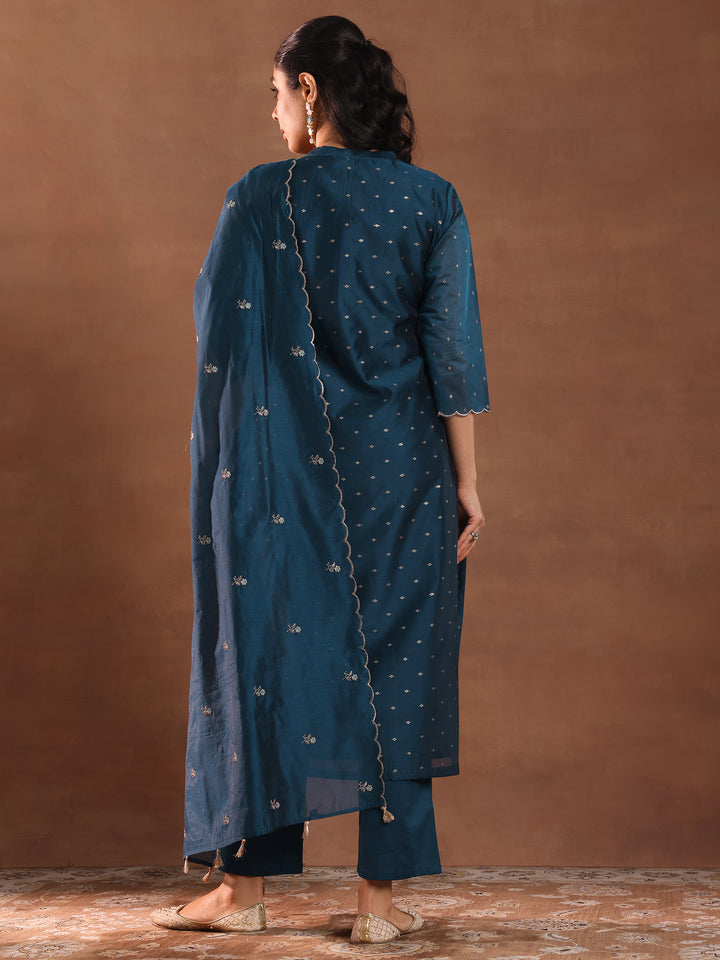 Navy Blue Woven Design Chanderi Silk Straight Suit With Dupatta