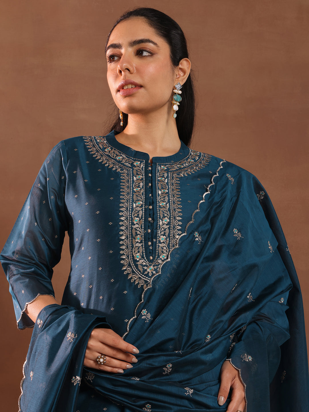 Navy Blue Woven Design Chanderi Silk Straight Suit With Dupatta