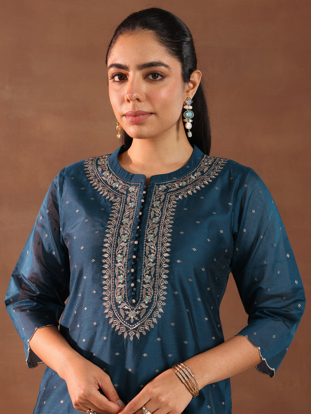 Navy Blue Woven Design Chanderi Silk Straight Suit With Dupatta