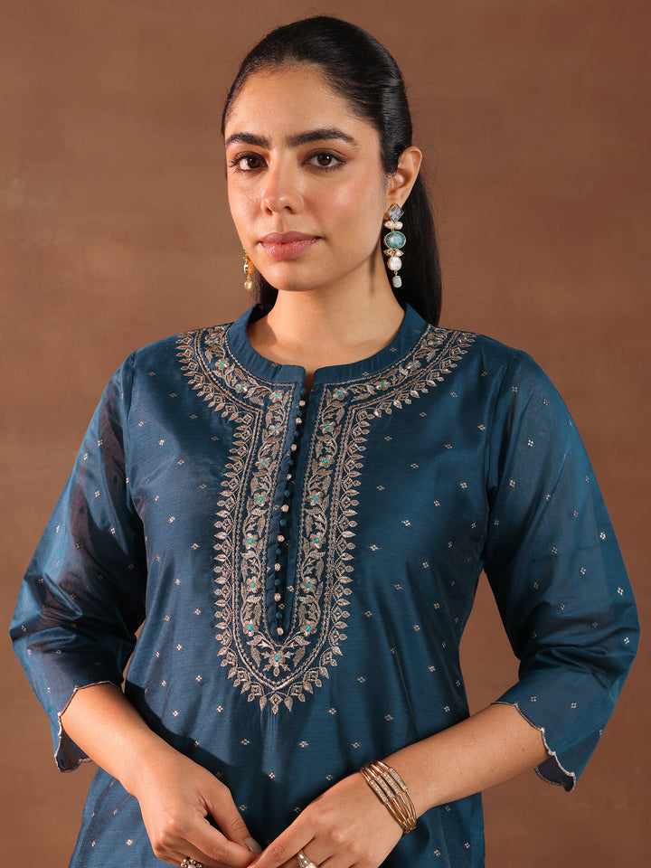 Navy Blue Woven Design Chanderi Silk Straight Suit With Dupatta