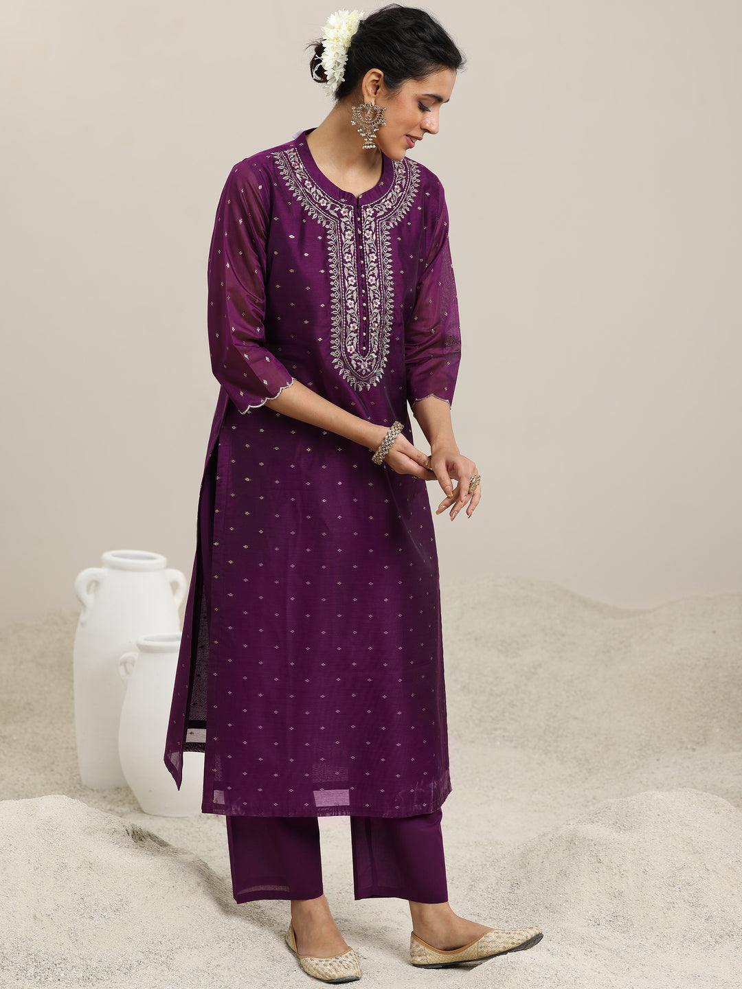 Wine Woven Design Chanderi Silk Straight Suit With Dupatta