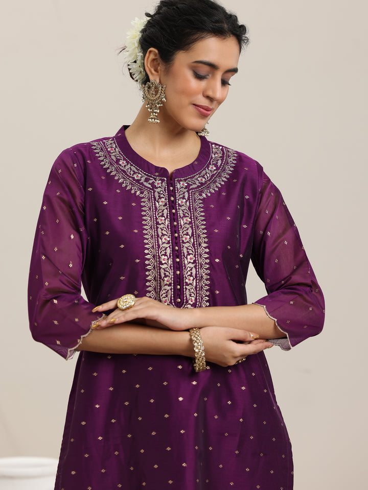 Wine Woven Design Chanderi Silk Straight Suit With Dupatta