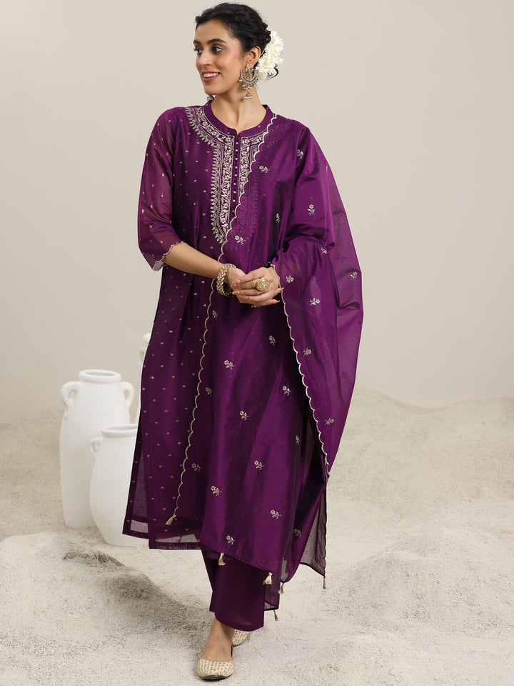 Wine Woven Design Chanderi Silk Straight Suit With Dupatta