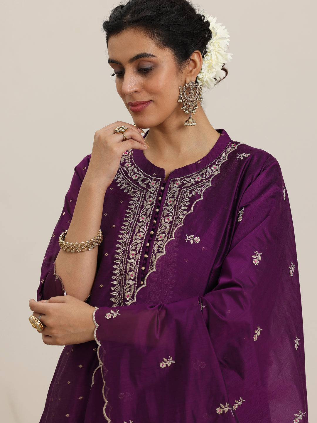 Wine Woven Design Chanderi Silk Straight Suit With Dupatta