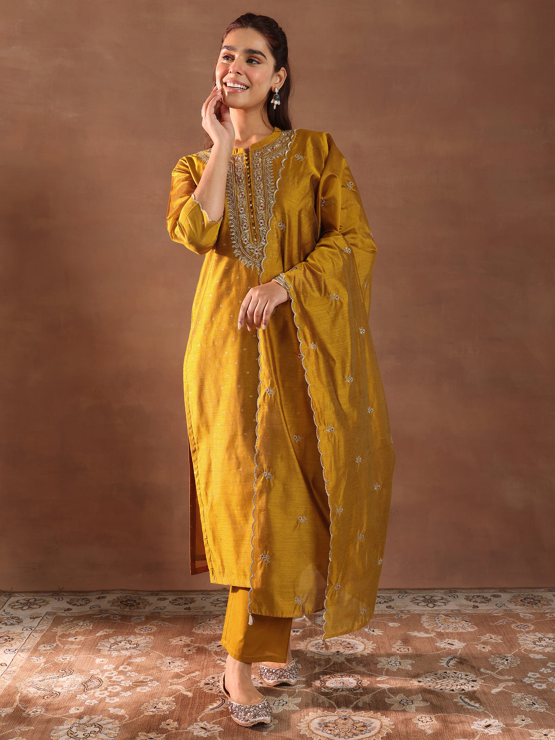 Mustard Woven Design Chanderi Silk Straight Suit With Dupatta