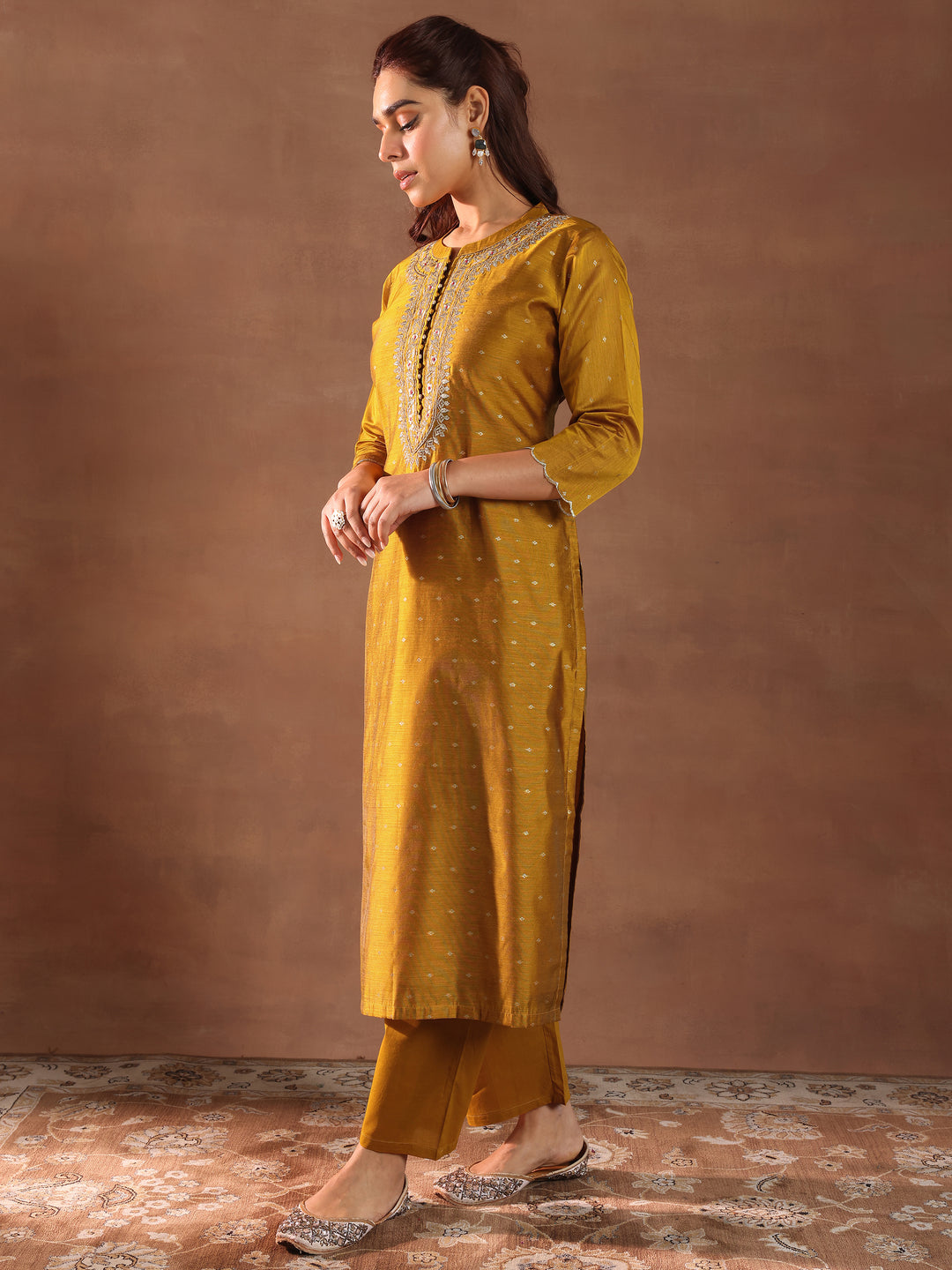 Mustard Woven Design Chanderi Silk Straight Suit With Dupatta