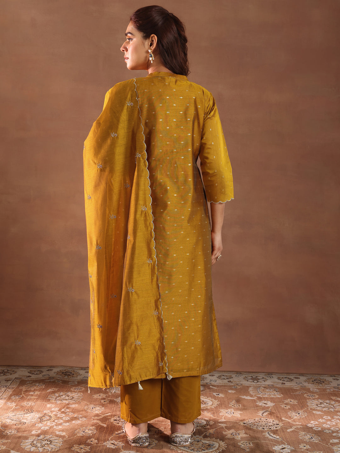 Mustard Woven Design Chanderi Silk Straight Suit With Dupatta