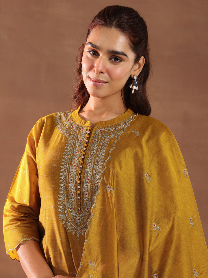 Mustard Woven Design Chanderi Silk Straight Suit With Dupatta