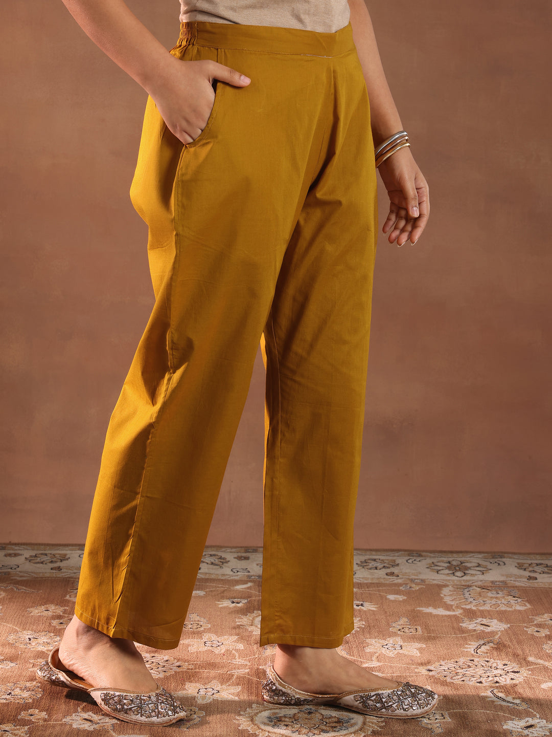 Mustard Woven Design Chanderi Silk Straight Suit With Dupatta