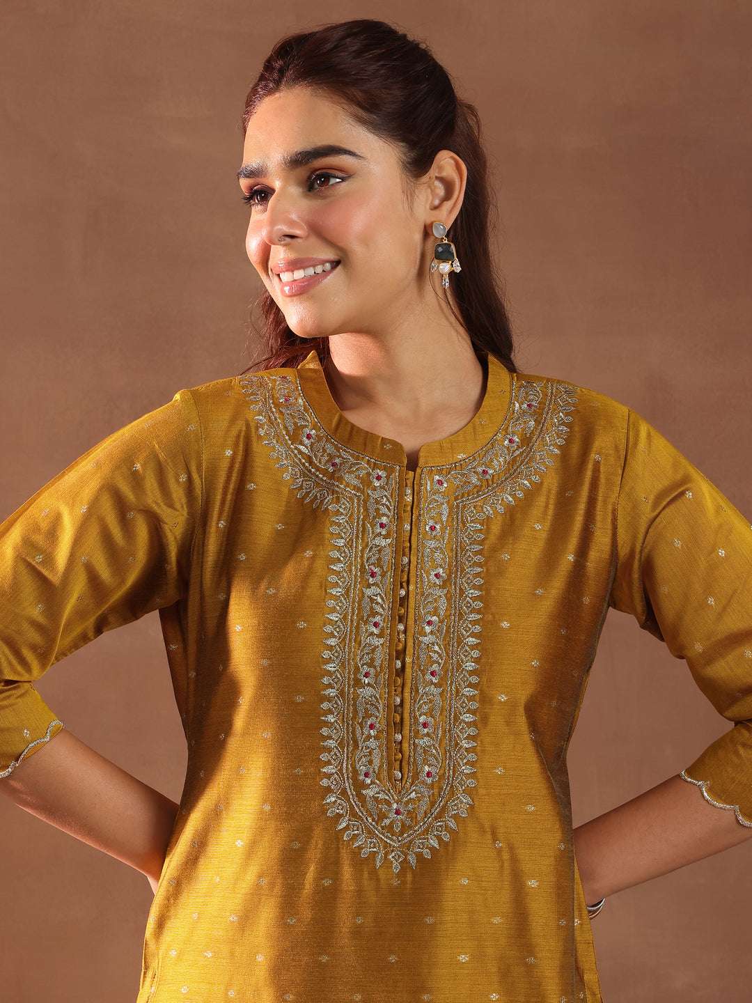 Mustard Woven Design Chanderi Silk Straight Suit With Dupatta