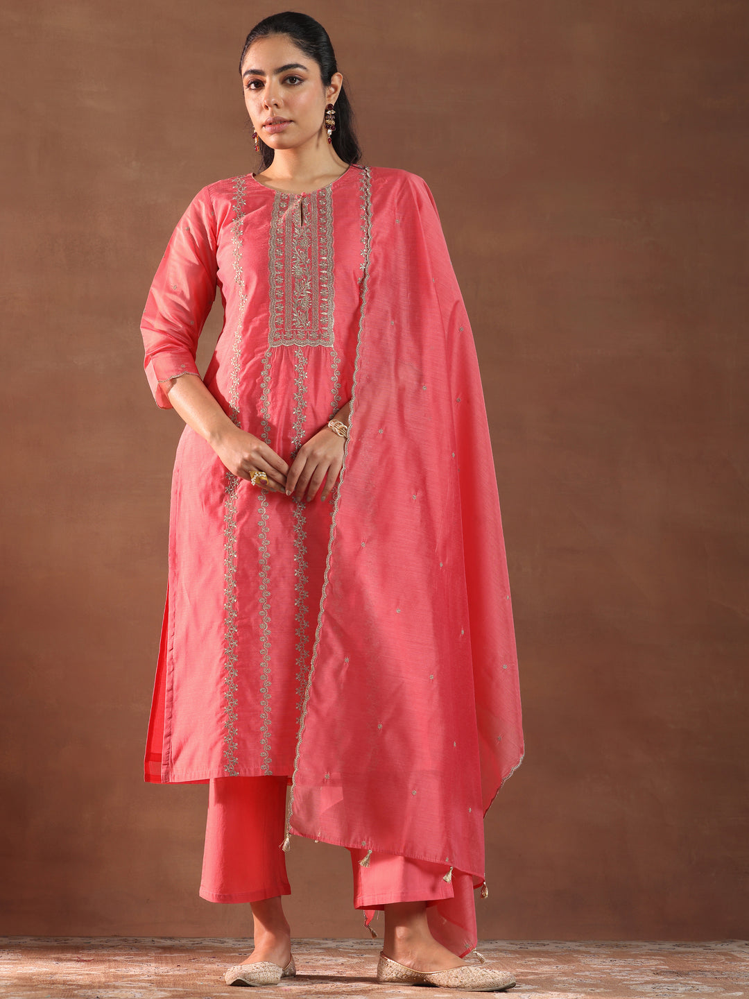 Coral Embroidered Chanderi Silk Straight Suit With Dupatta
