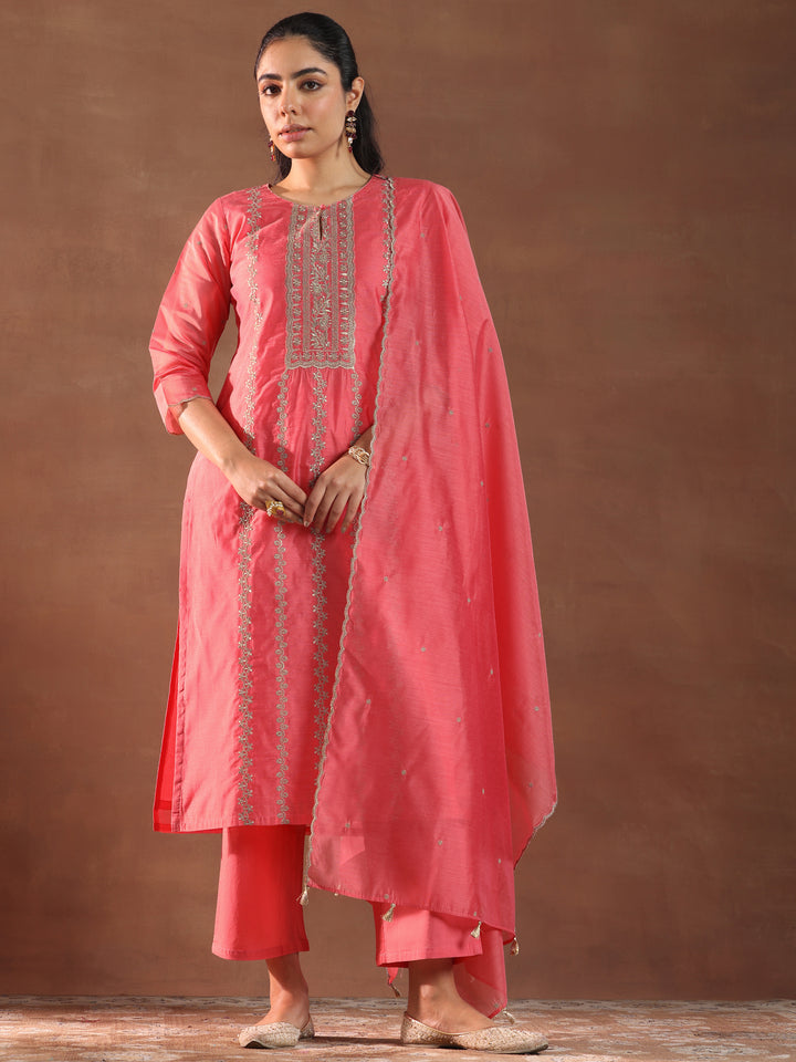 Coral Embroidered Chanderi Silk Straight Suit With Dupatta
