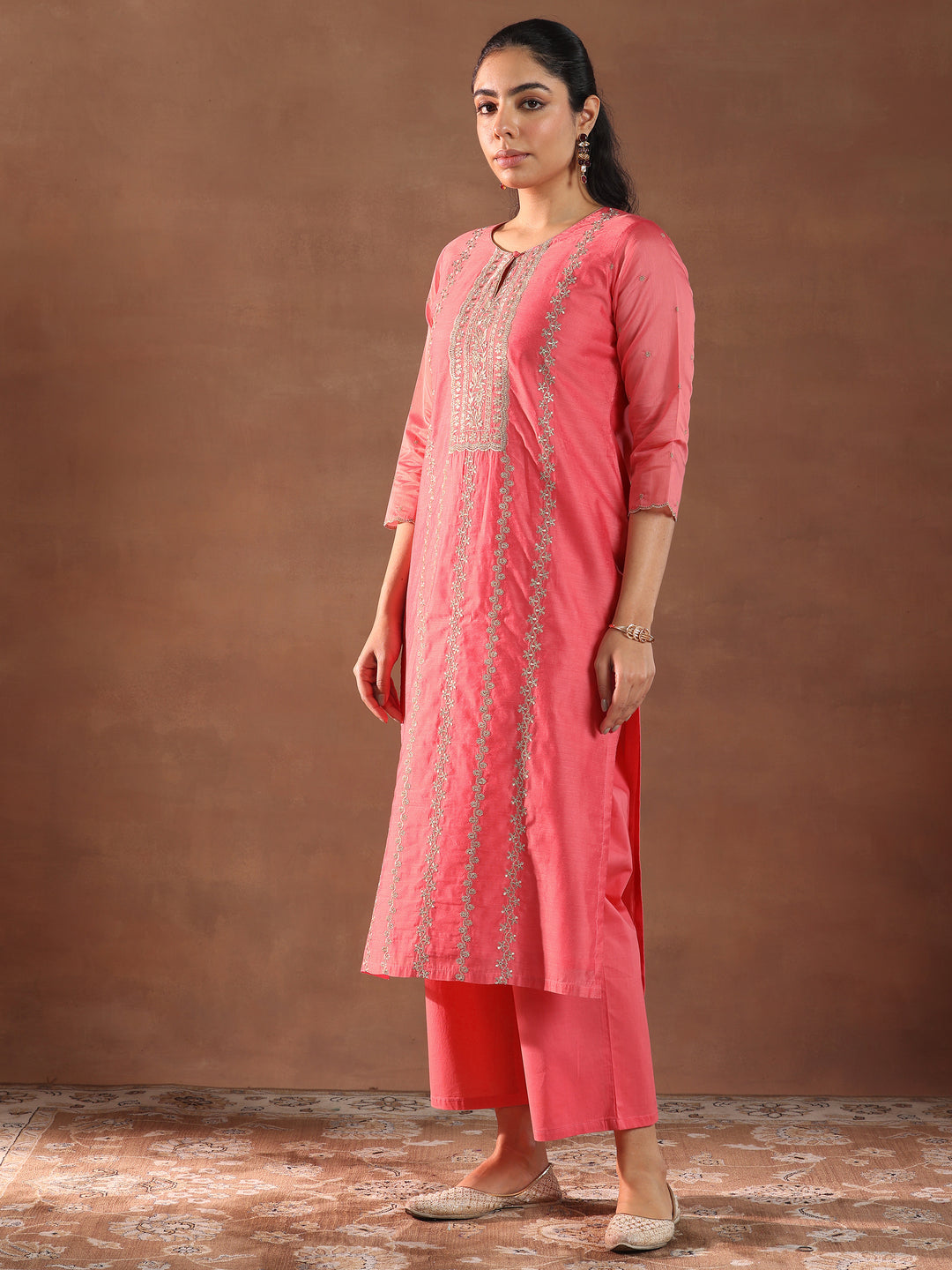 Coral Embroidered Chanderi Silk Straight Suit With Dupatta