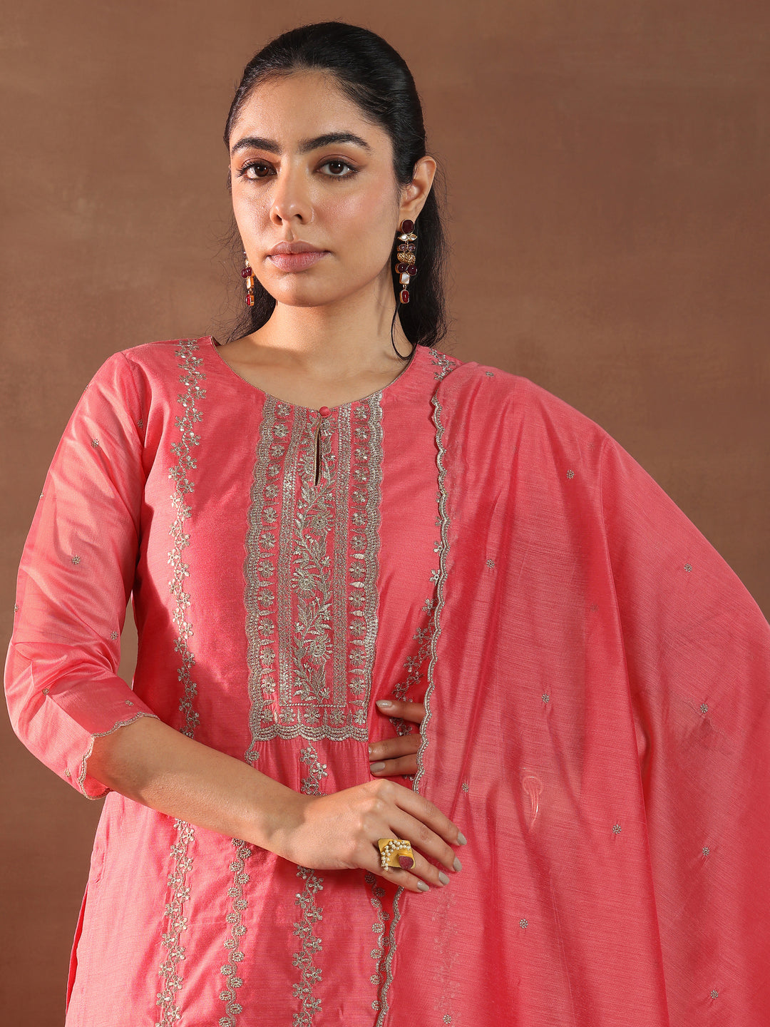 Coral Embroidered Chanderi Silk Straight Suit With Dupatta